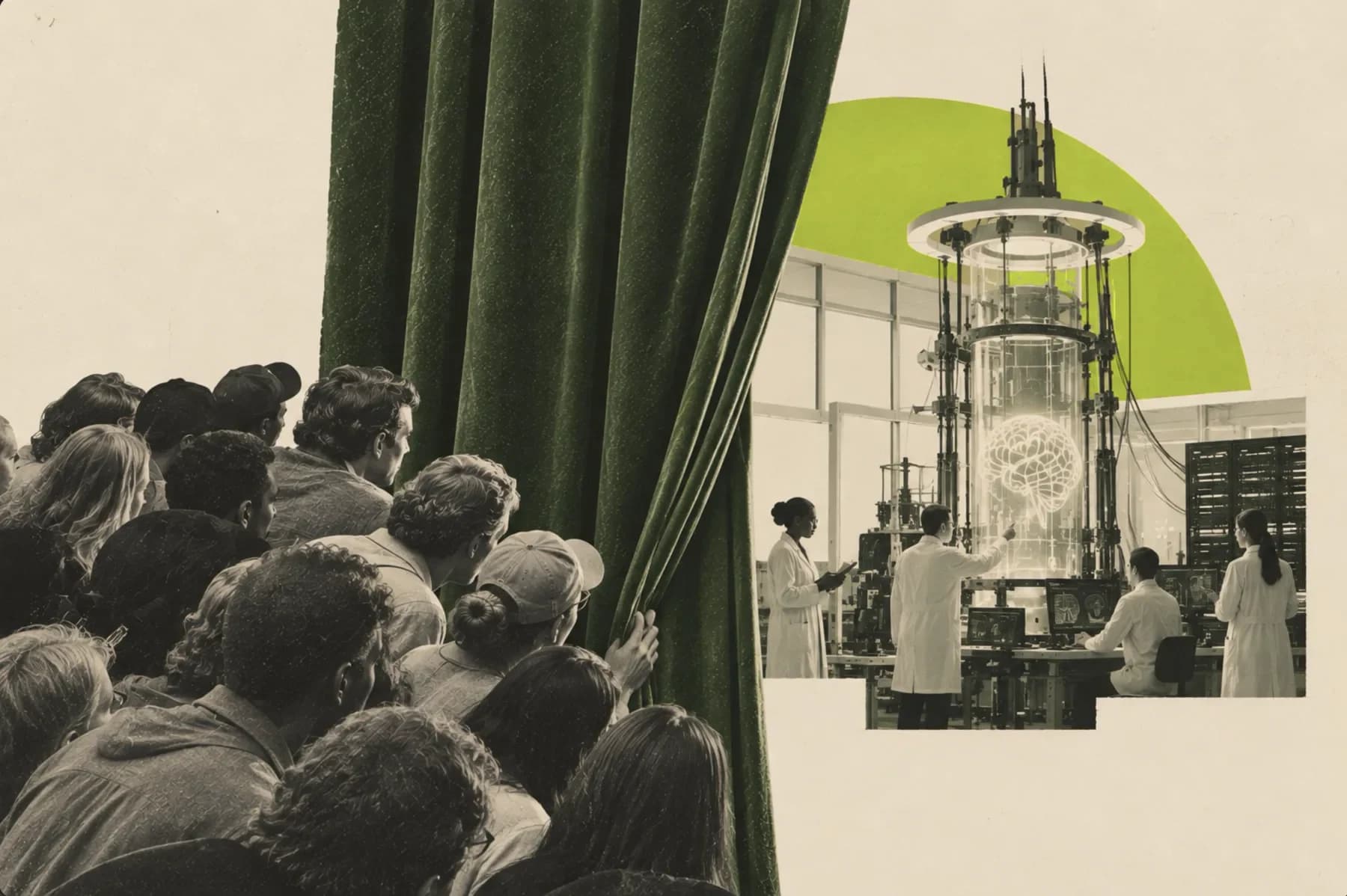 Collage: a crowd pulls back a curtain to reveal a laboratory