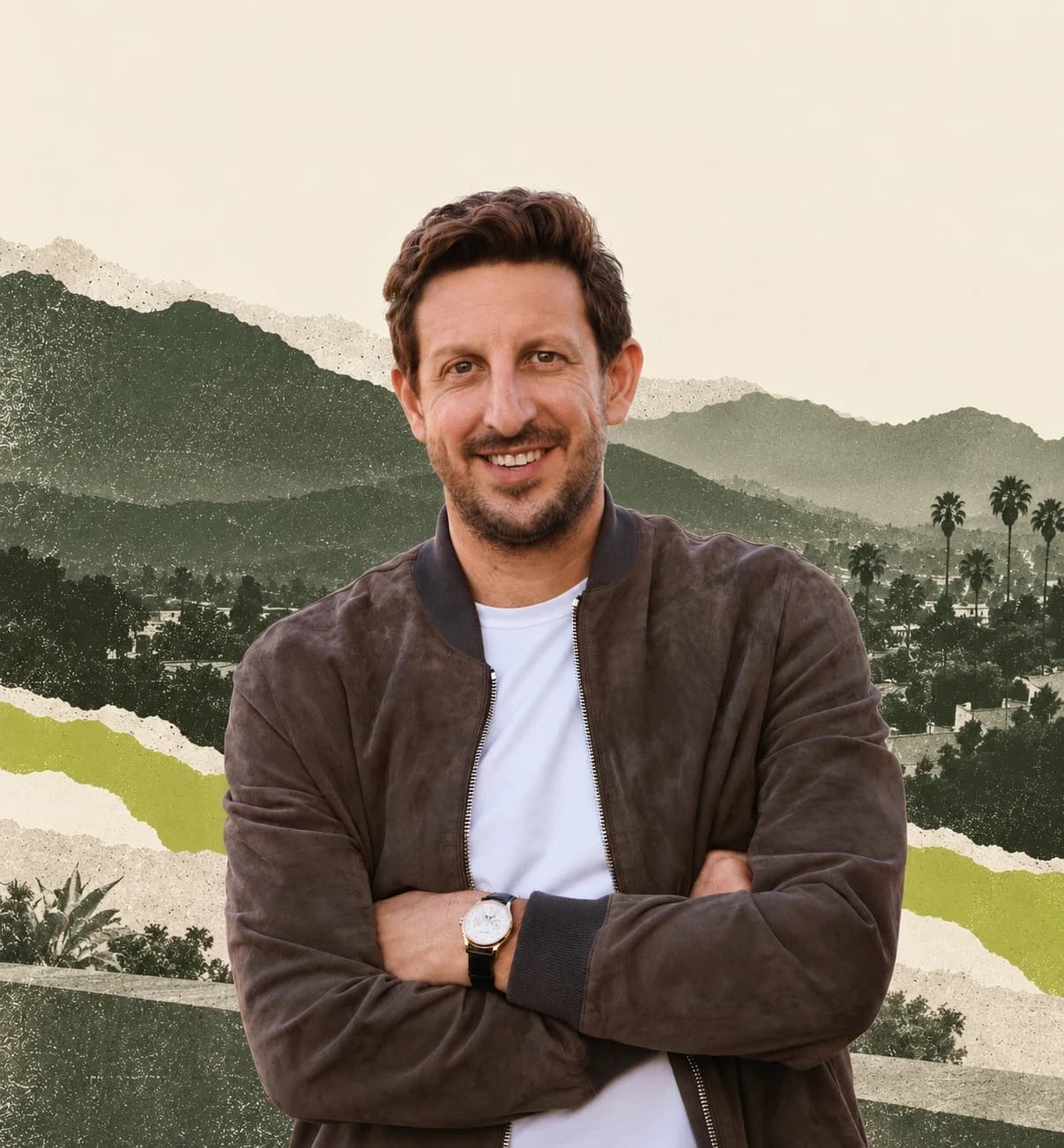 Zack Kass in front of a torn-paper collage of hills, palm trees and chartreuse strips